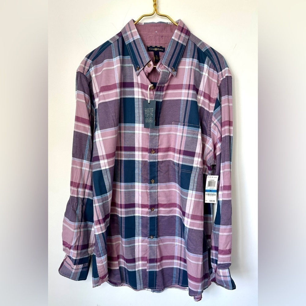NWT Club Room Purple Blue Plaid Woven Long Sleeve Button Up Shirt Men’s XL